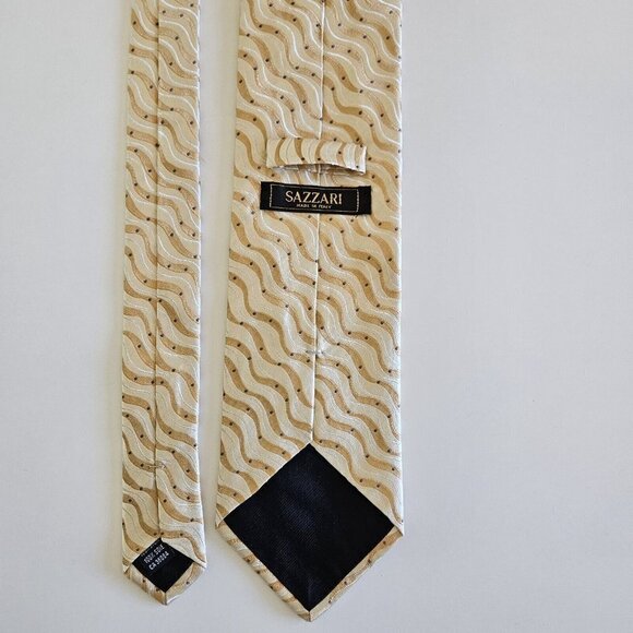 Sazzari Tie Gold White Waves Embroidery Grey Dots 100% SIlk L 56.5 in W 3.75 in - Picture 4 of 13